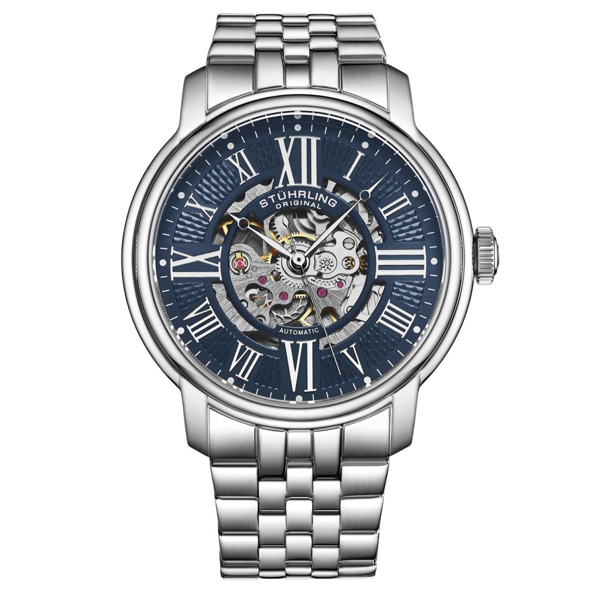 Stuhrling 4031 5 Atrium Automatic Skeleton Bracelet Blue Dial Mens Watch