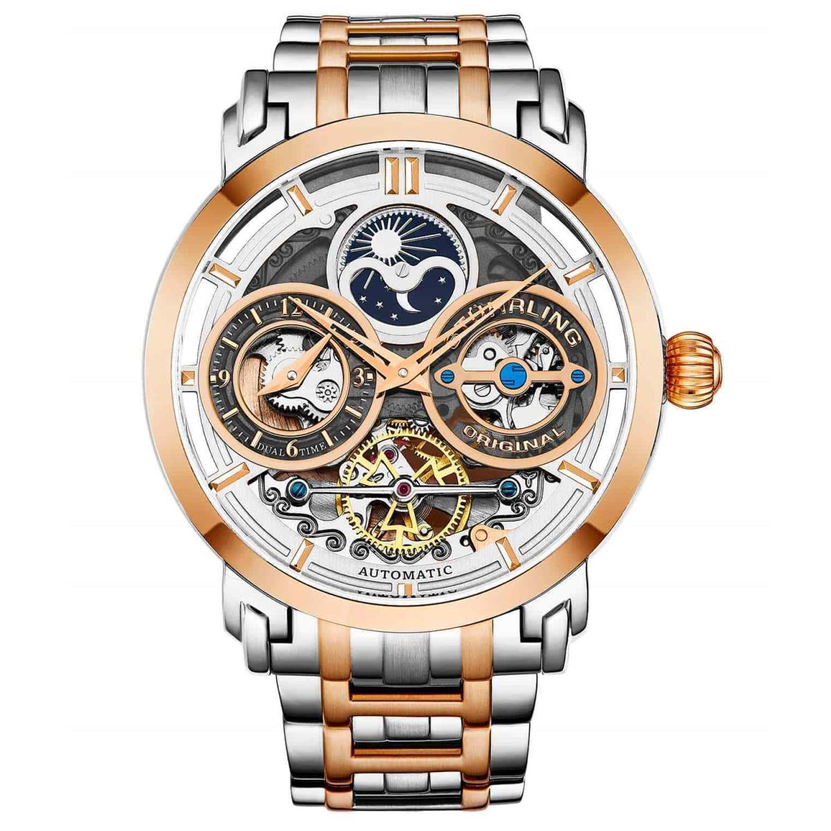 Stuhrling 371B 05 Luciano Automatic Skeleton Dual Time Am/pm Bracelet Mens Watch