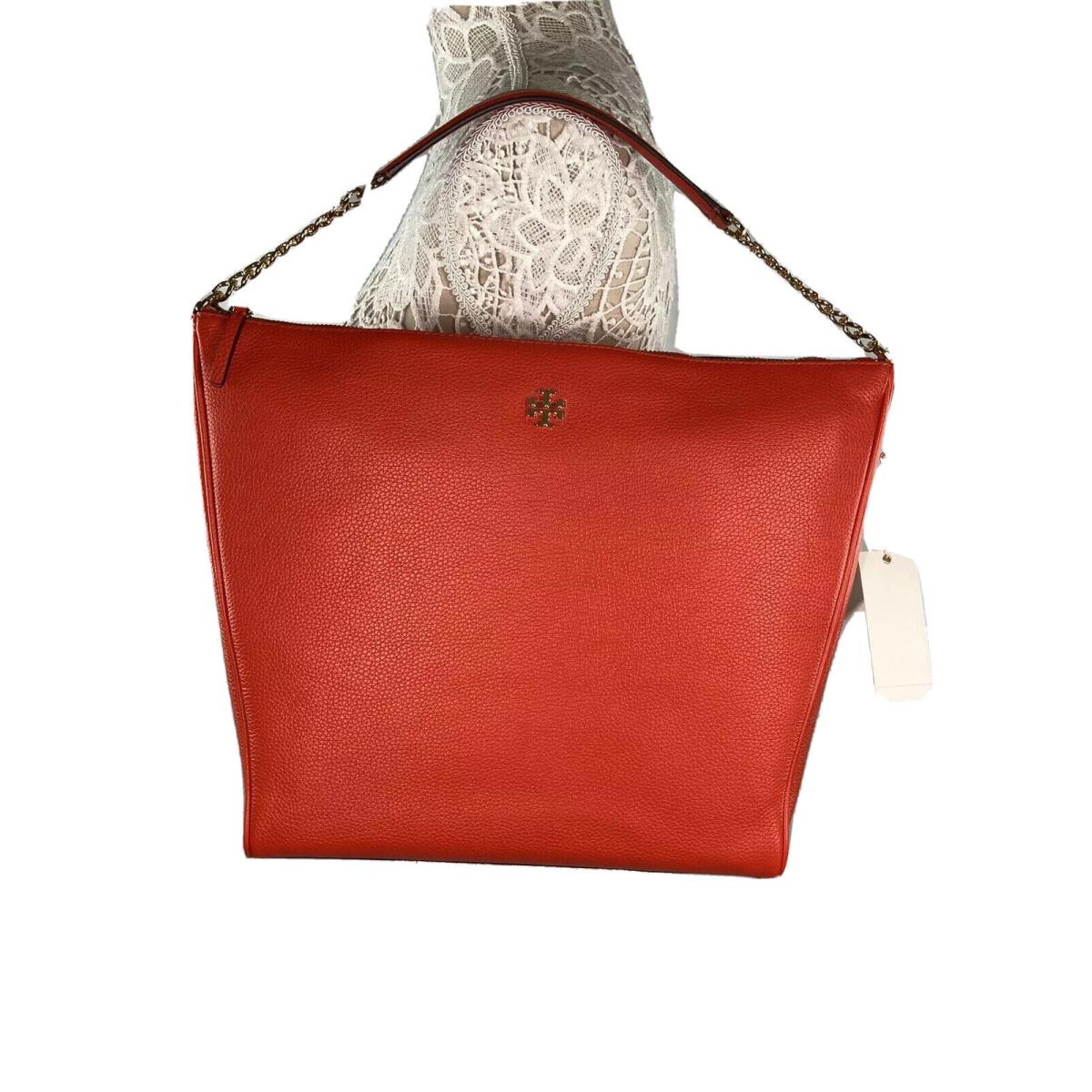 Tory Burch Carter Slouchy Hobo Bag Color Poppy Red Pebbled Leather