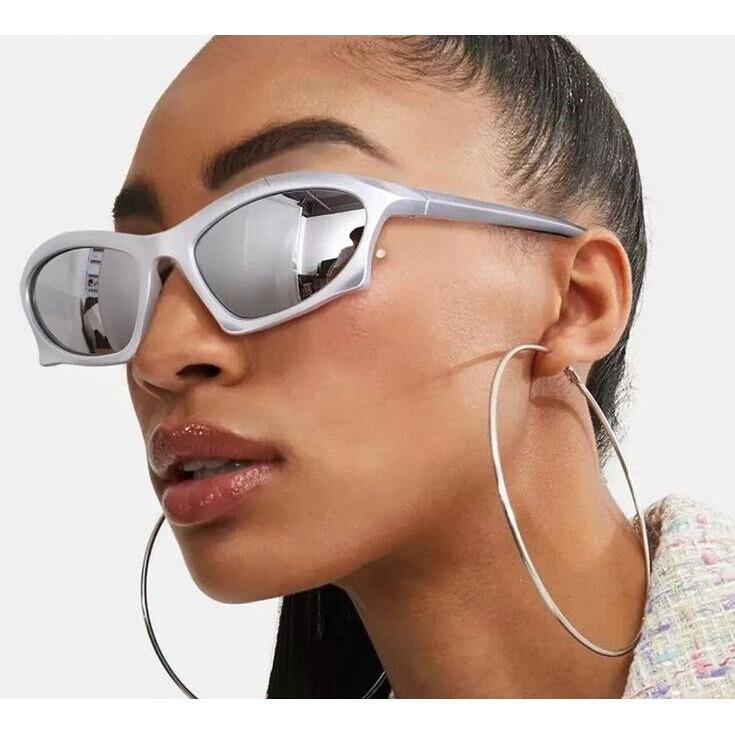 Balenciaga BB0229S 002 Grey Silver Mirrored Bat Rectangle Unisex Sunglasses