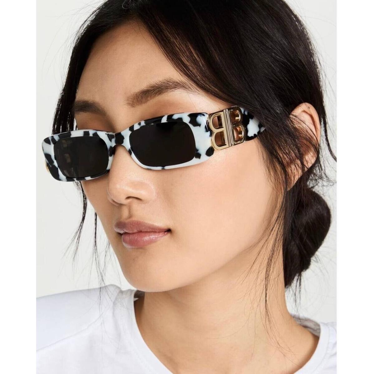 Balenciaga BB0096S 005 White Havana Gold Grey Rectangle Unisex Sunglasses