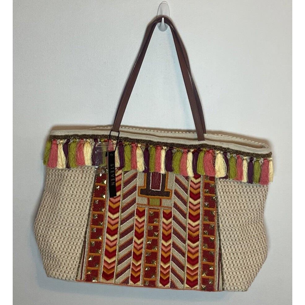 Beautiful Steve Madden Large Tote Purse Beige Multi Tassels Bead Retail