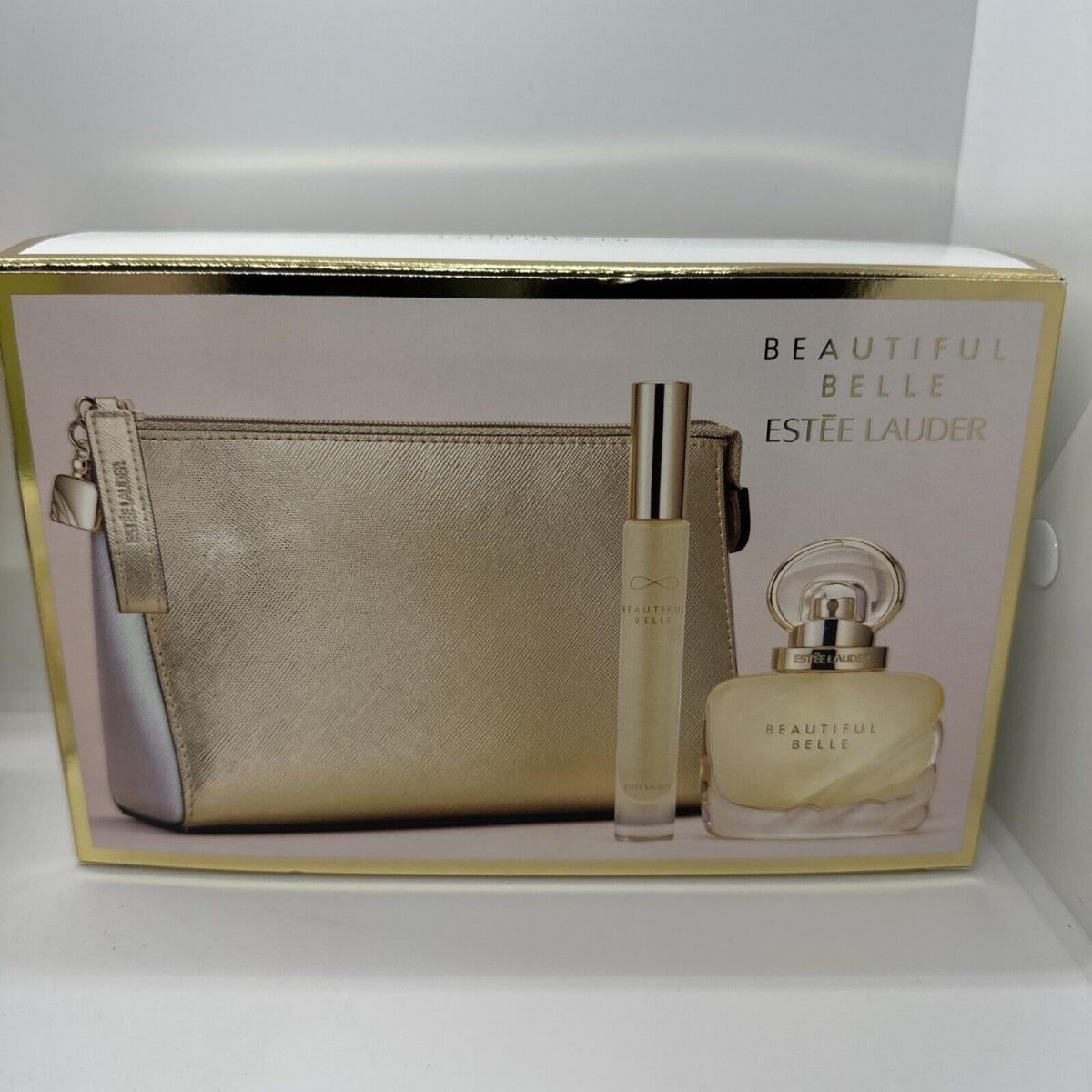 Est e Lauder Beautiful Belle Perfume 1.0 oz Spray Purse Spray Gold Bag 3 Pcs Set