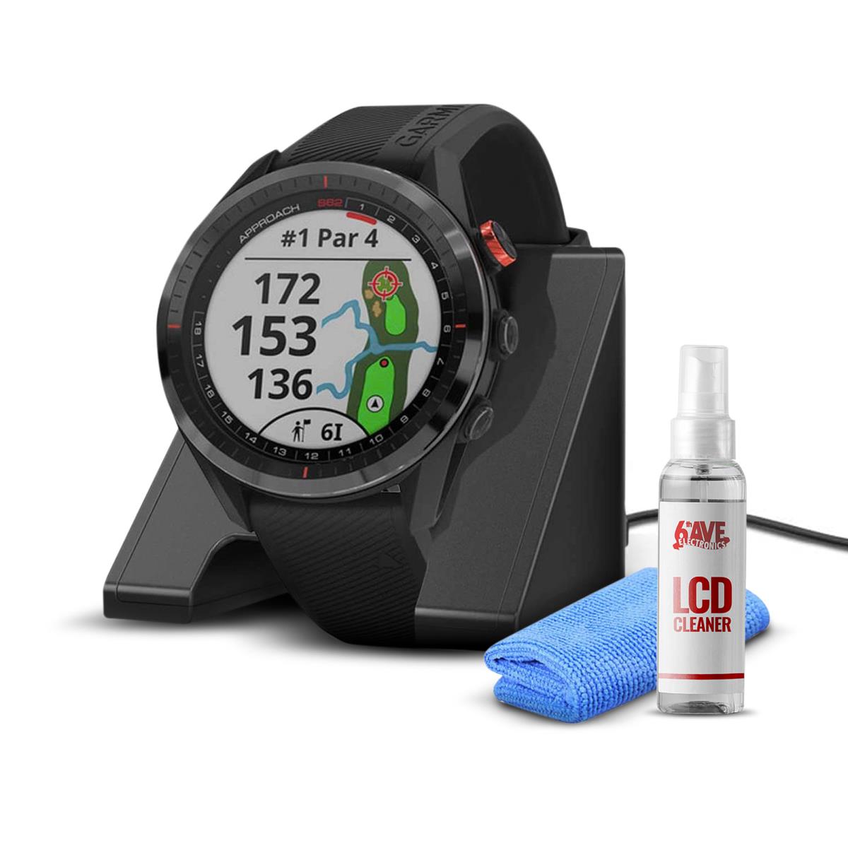 Garmin Approach S62 Gps Golf Watch + Charging Base + Lcd Screen Cleaner Black Bezel/Black Band