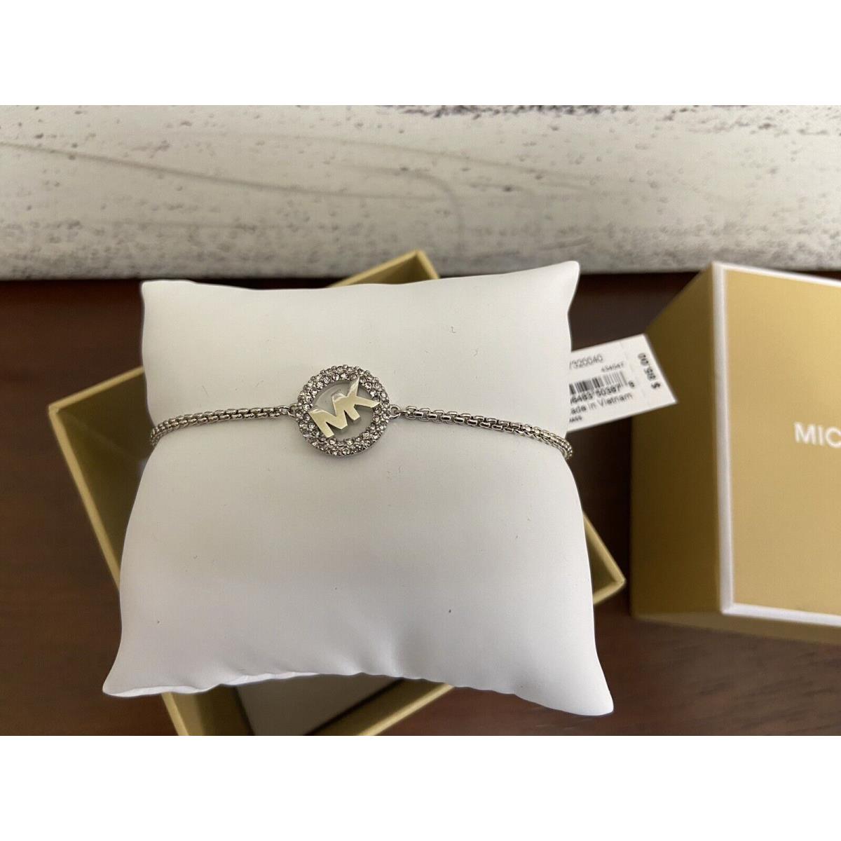 Michael Kors Silver-tone Brass Crystal Pave Logo Slider Bracelet