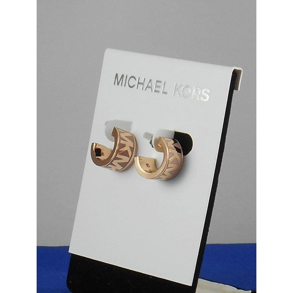 Michael Kors Rose Goldtone Light Pink Enamel MK Signature Huggie Hoop Earrings