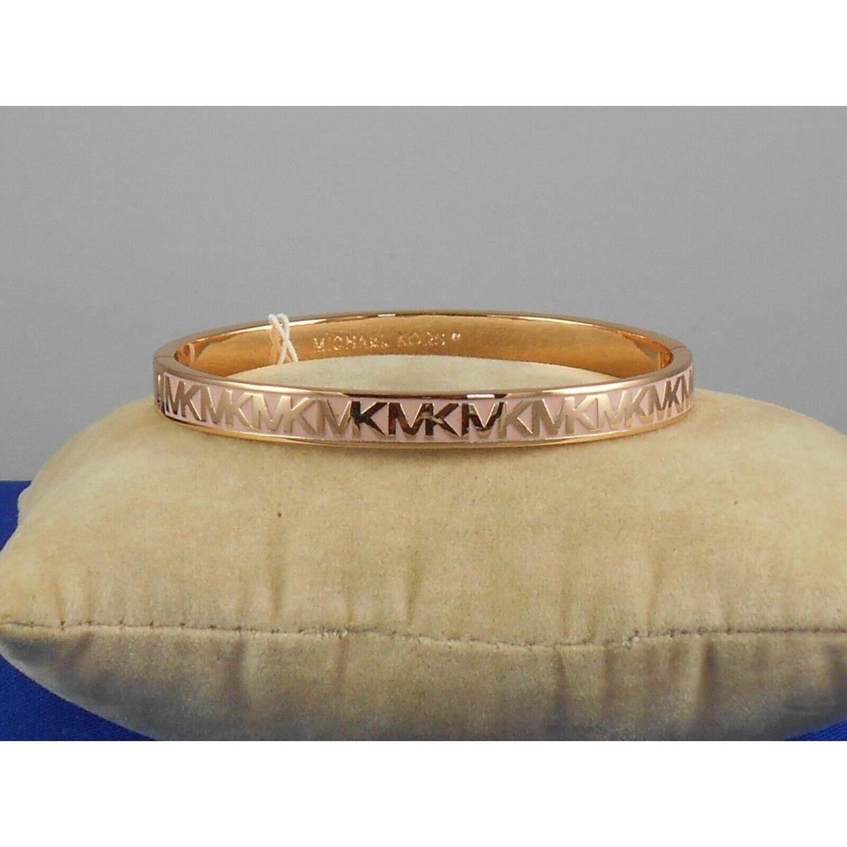 Michael Kors Rose Goldtone Pale Pink Enamel MK Logo Hinged Bangle Bracelet