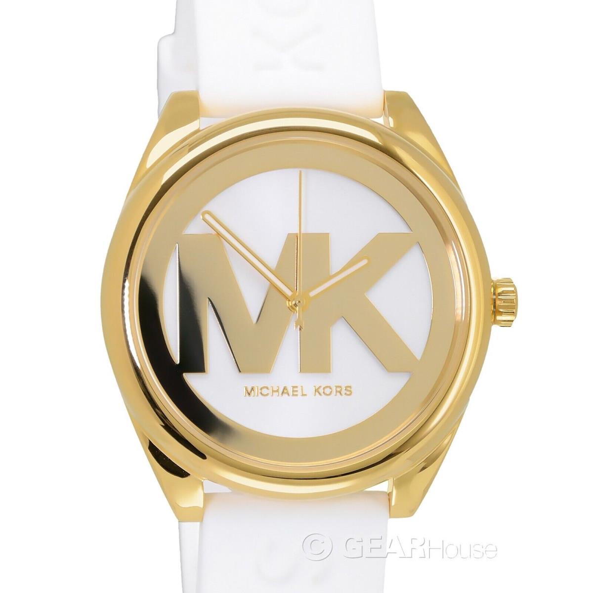 Michael Kors Womens Janelle Gold Casual Watch MK Logo Dial White Silicone Band