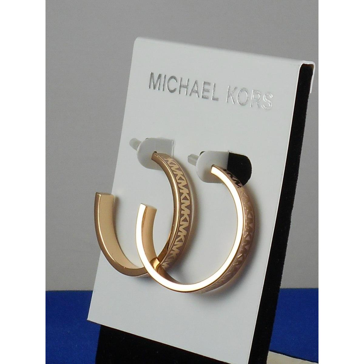 Michael Kors Rose Goldtone Light Pink Enamel MK Signature Medium Hoop Earrings