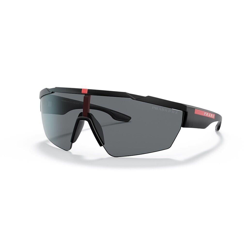 Prada Linea Rossa Sps 03XS DG05Z1 Rubber Black Grey Polarized Shield Sunglasses - Frame: Rubber Black, Lens: Dark Grey Polarized