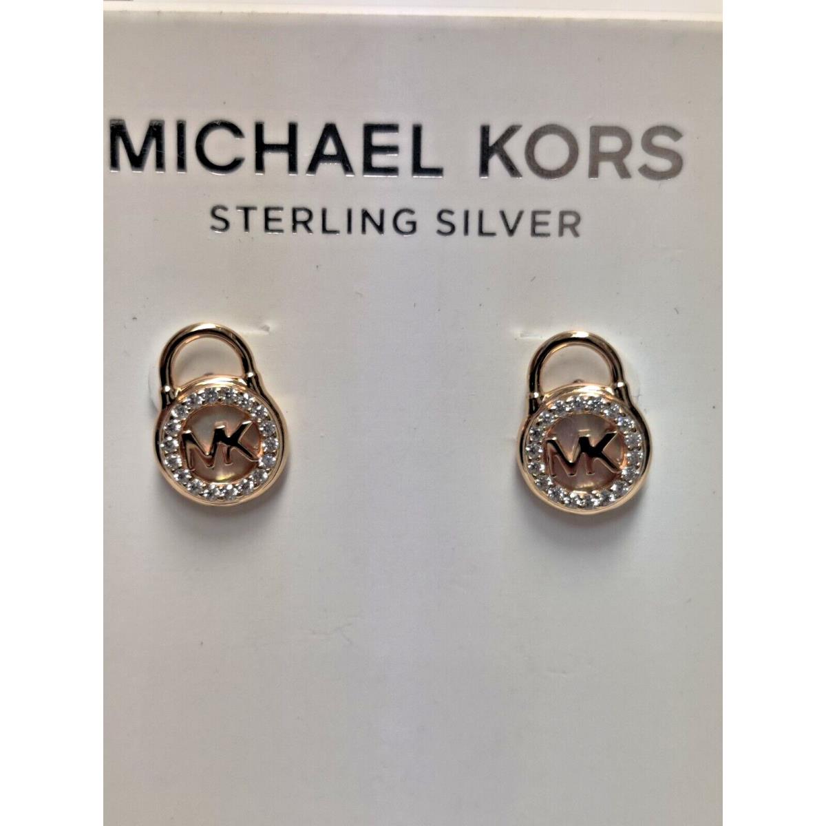 Michael Kors MK Logo Crystal Lockers Post Earrings Sterling Silver Mother Pearl