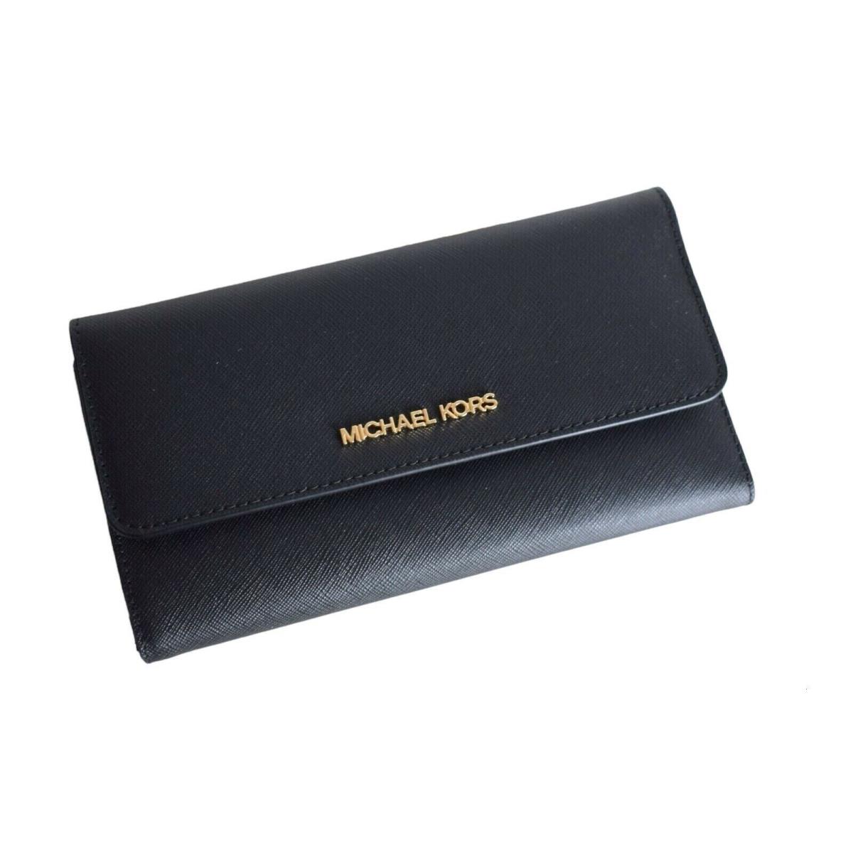 Michael Kors Jet Set Large Trifold Wallet Saffiano Leather Pvc Black Gold