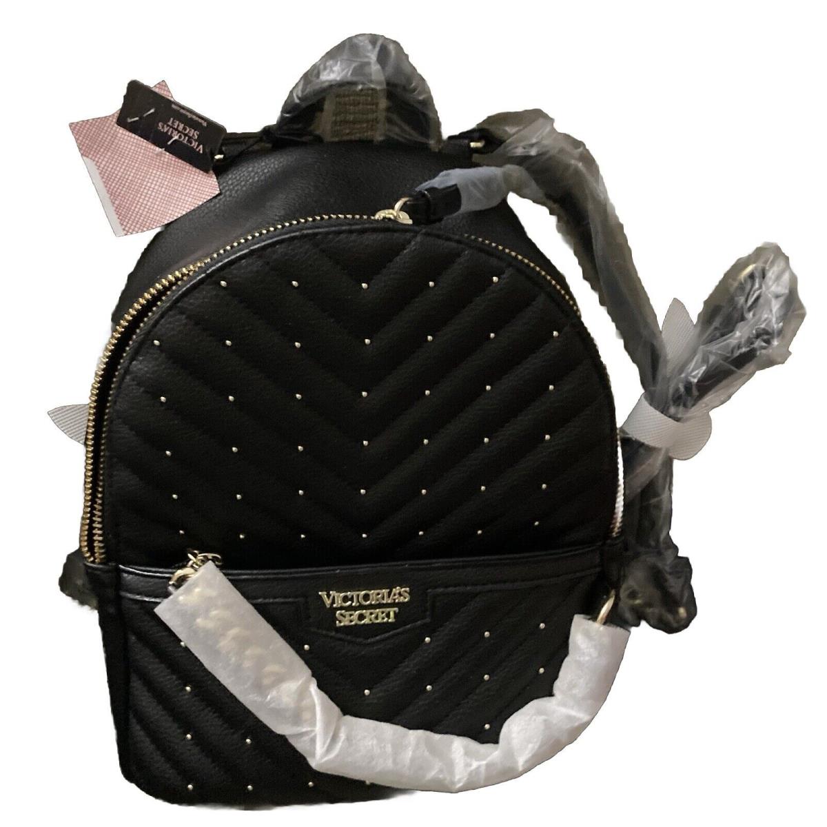 Victoria s Secret Black Pebbled V-quilt Gold Studded Stunning Mini Backpack