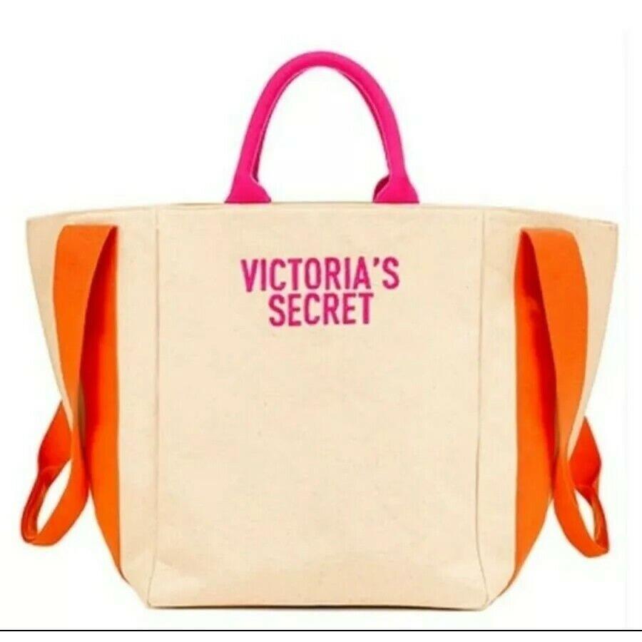 Victoria`s Secret Tote Beach Bag Pink Orange Canvas Large Carryall Shoulder