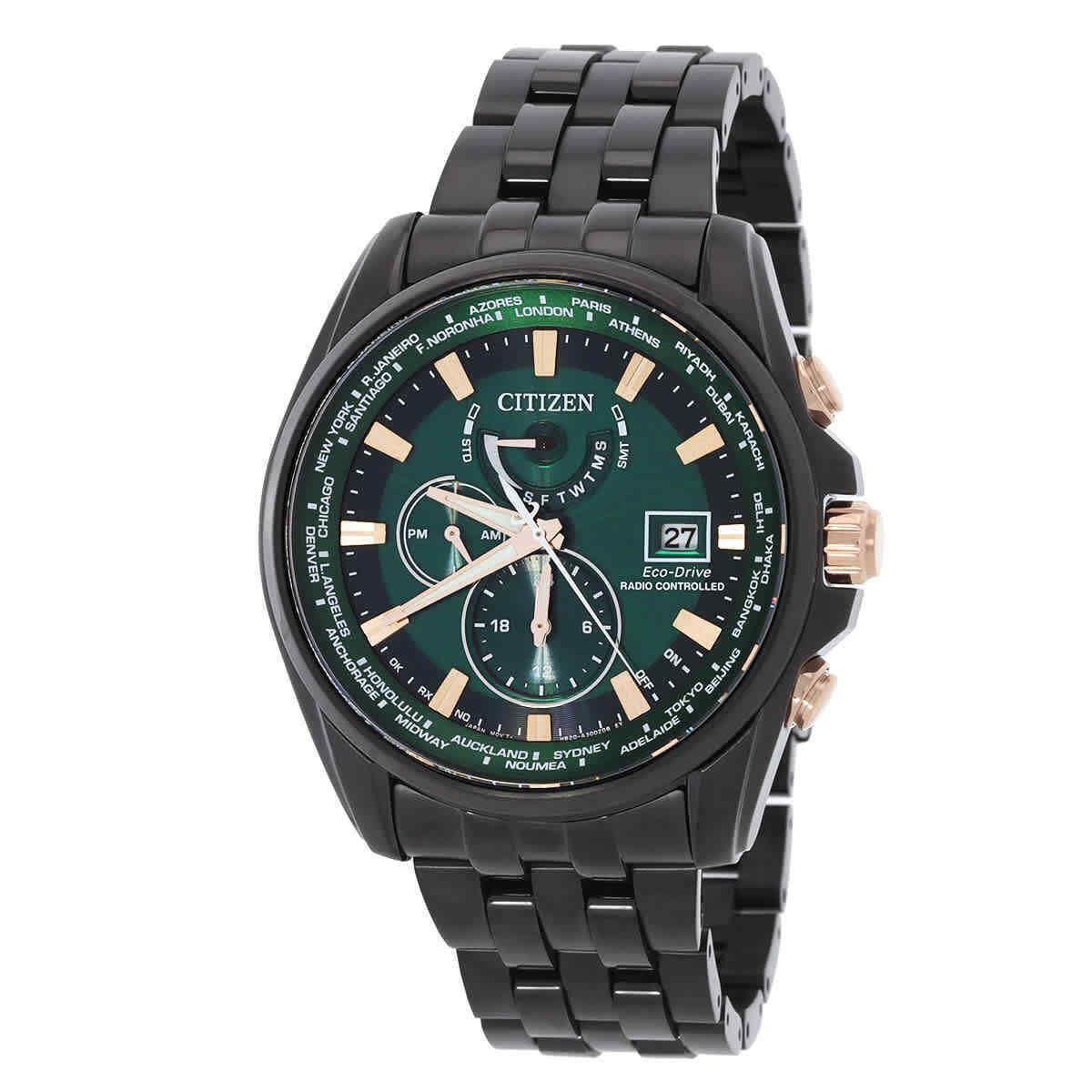 Citizen Perpetual Alarm World Time Eco-drive Gmt Green Dial Men`s Watch