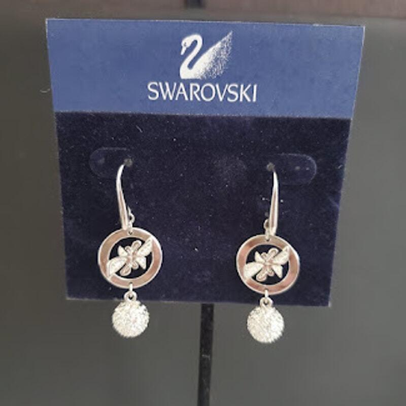 Swarovski Signed Rhodium Plated Butterfly Pave Crystal Ball Dangle Earrings