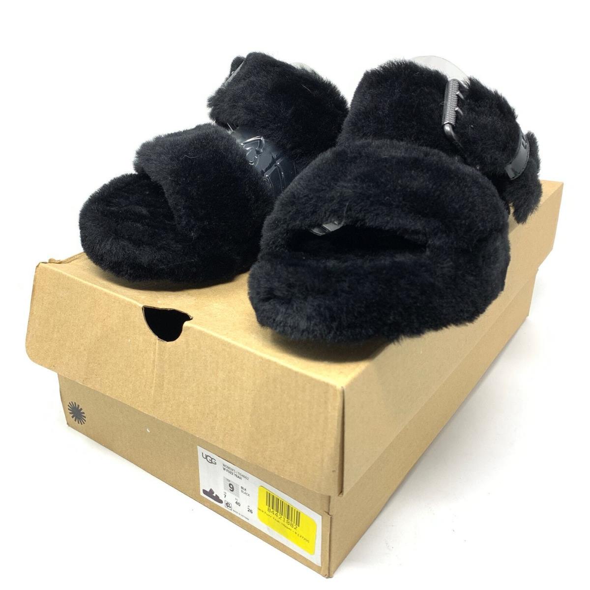 Ugg Fuzz Yeah Women`s Size 9 Sheepskin Slide Lock Slipper Shoes Open Toe Black