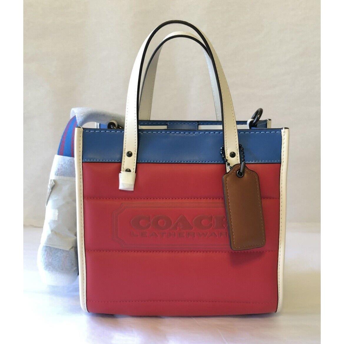 Coach Quilted Leather Colorblock Logo Field 22 Tote Candy Apple Multi/pewter