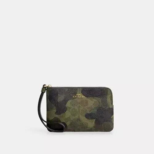 Coach CW858 Corner Zip Wristlet in Signature Camo Print Dark Cypress Green