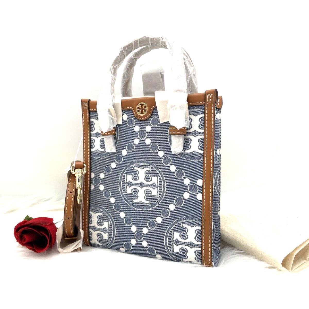 Tory Burch Mini Perry T Monogram Denim Jacquard Top Handles Tote Bag