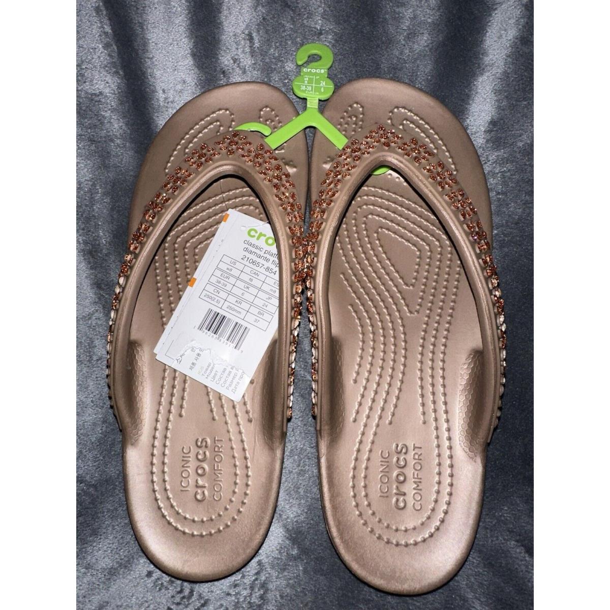 Crocs Monterey Diamante Bronze Jewel 8 Thong Wedge Flip Flops Sandal Embellished