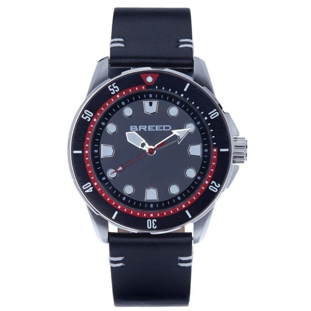 Breed BRD9410 Watch Mens Round Black Red Dial Black Leather Band