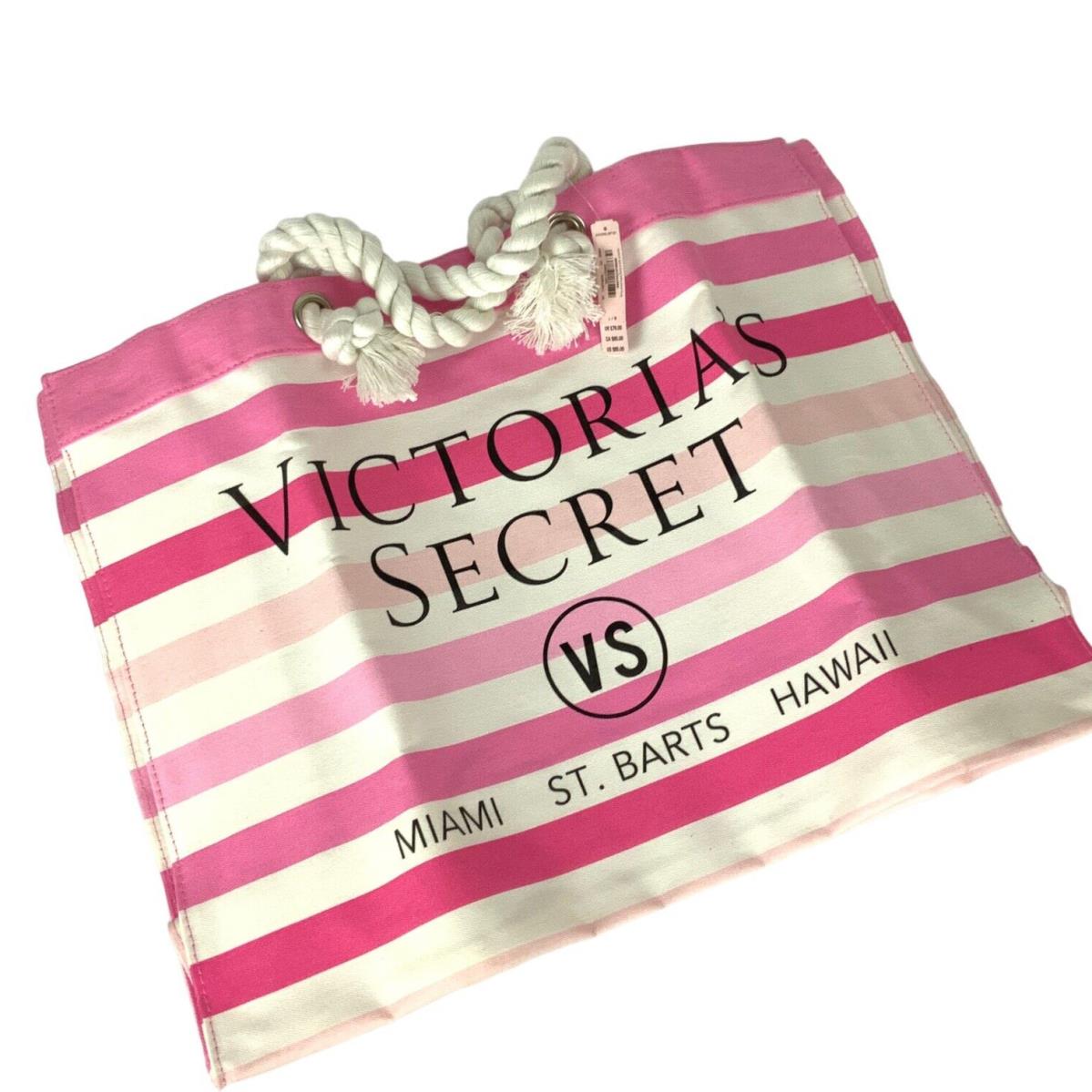 Victorias Secret Striped Canvas Tote Pink White Miami St Bart Hawaii Beach Pool