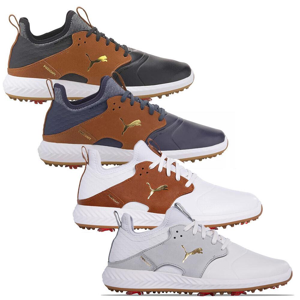 Puma Men`s Ignite Pwradapt Caged Crafted Golf Shoes- Color - Peacoat / Leather Brown / Gold