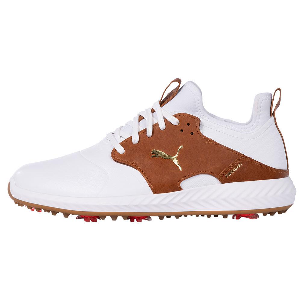 Men`s Puma Ignite Pwradapt Caged Crafted Golf Shoes - Puma White/Leather Brown/Team Gold