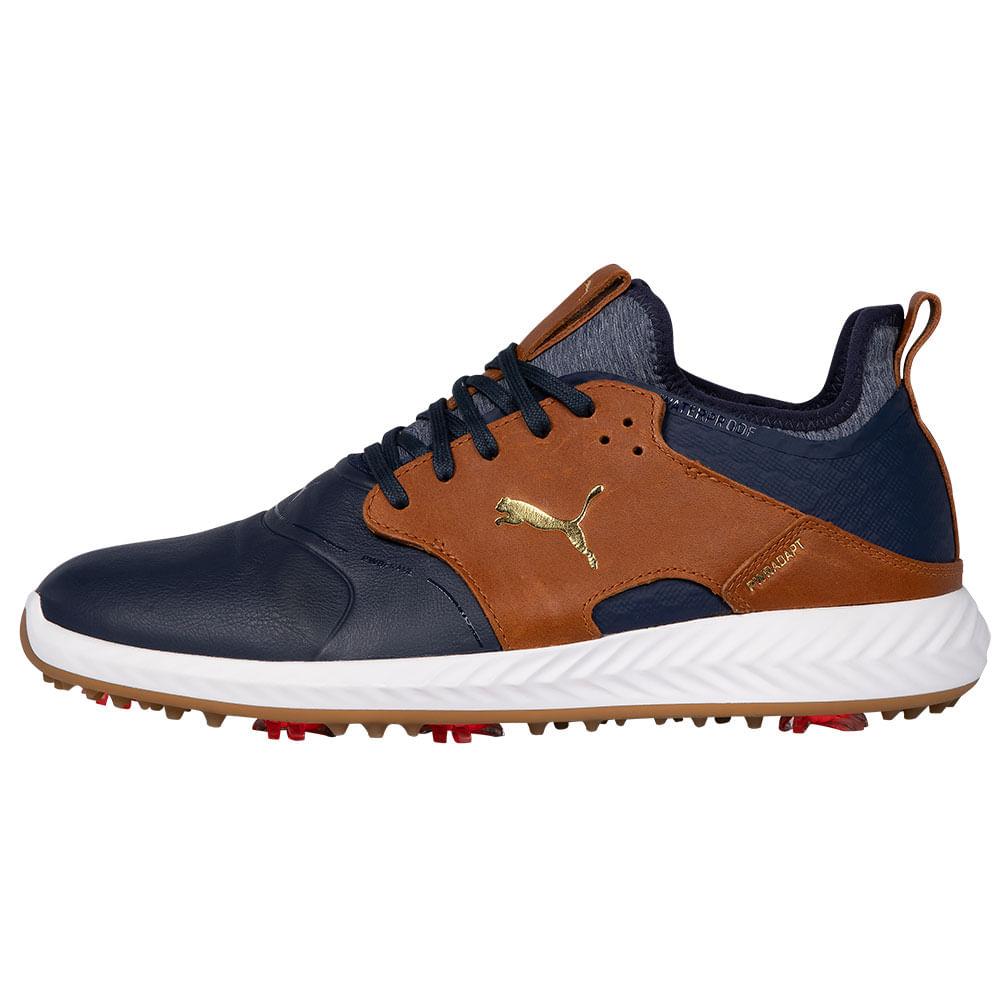 Men`s Puma Ignite Pwradapt Caged Crafted Golf Shoes Peacoat/Leather Brown/Team Gold