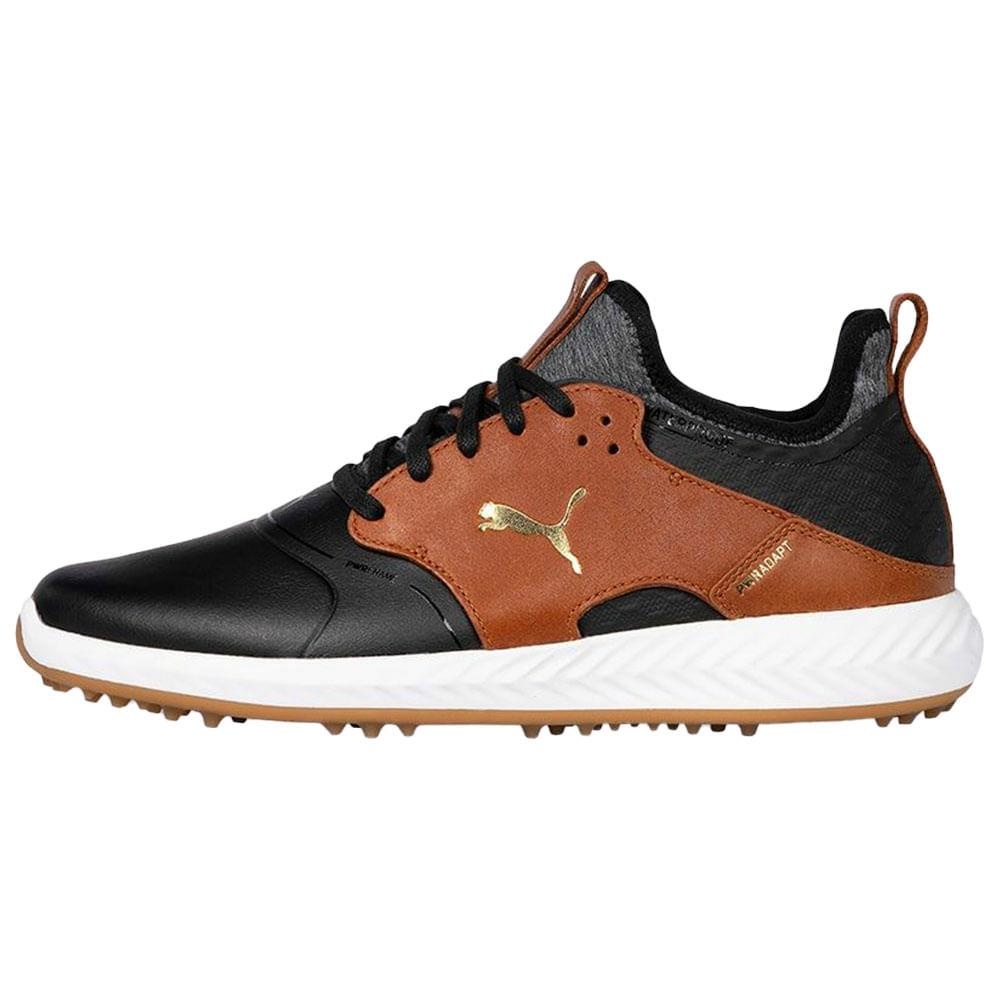 Men`s Puma Ignite Pwradapt Caged Crafted Golf Shoes Puma Black/Leather Brown/Team Gold