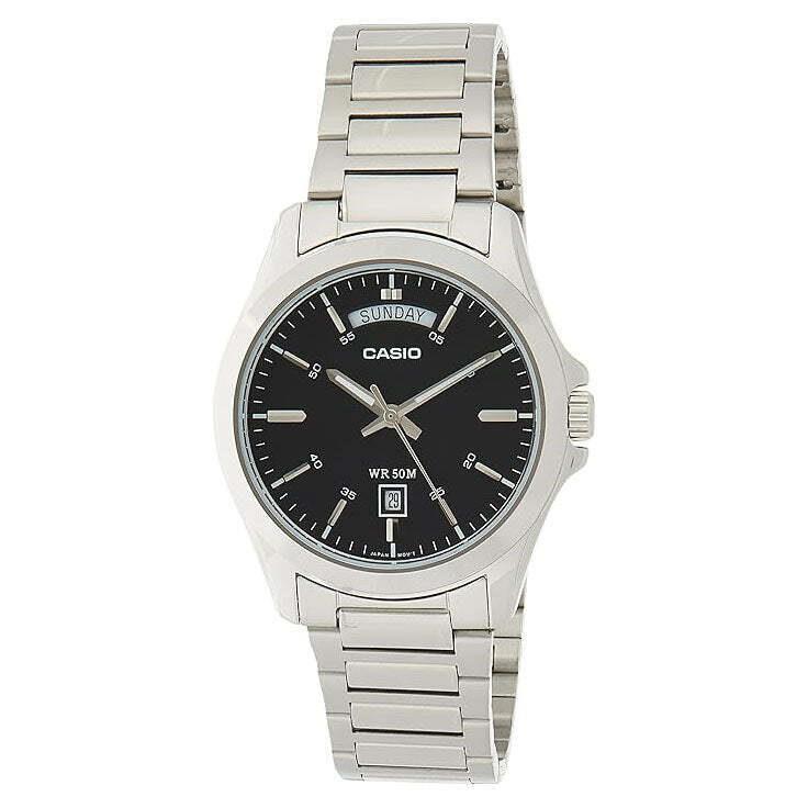 Casio MTP-1370D-1A1 Standard Analog Stainless Steel Bracelet Men`s Dress Watch - Dial: Black, Band: Silver