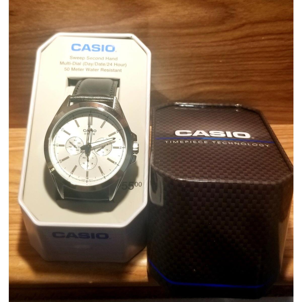 Casio Men`s Quartz Blue Chronograph Dial Brown Leather 48mm Watch MTPSW300L1TN