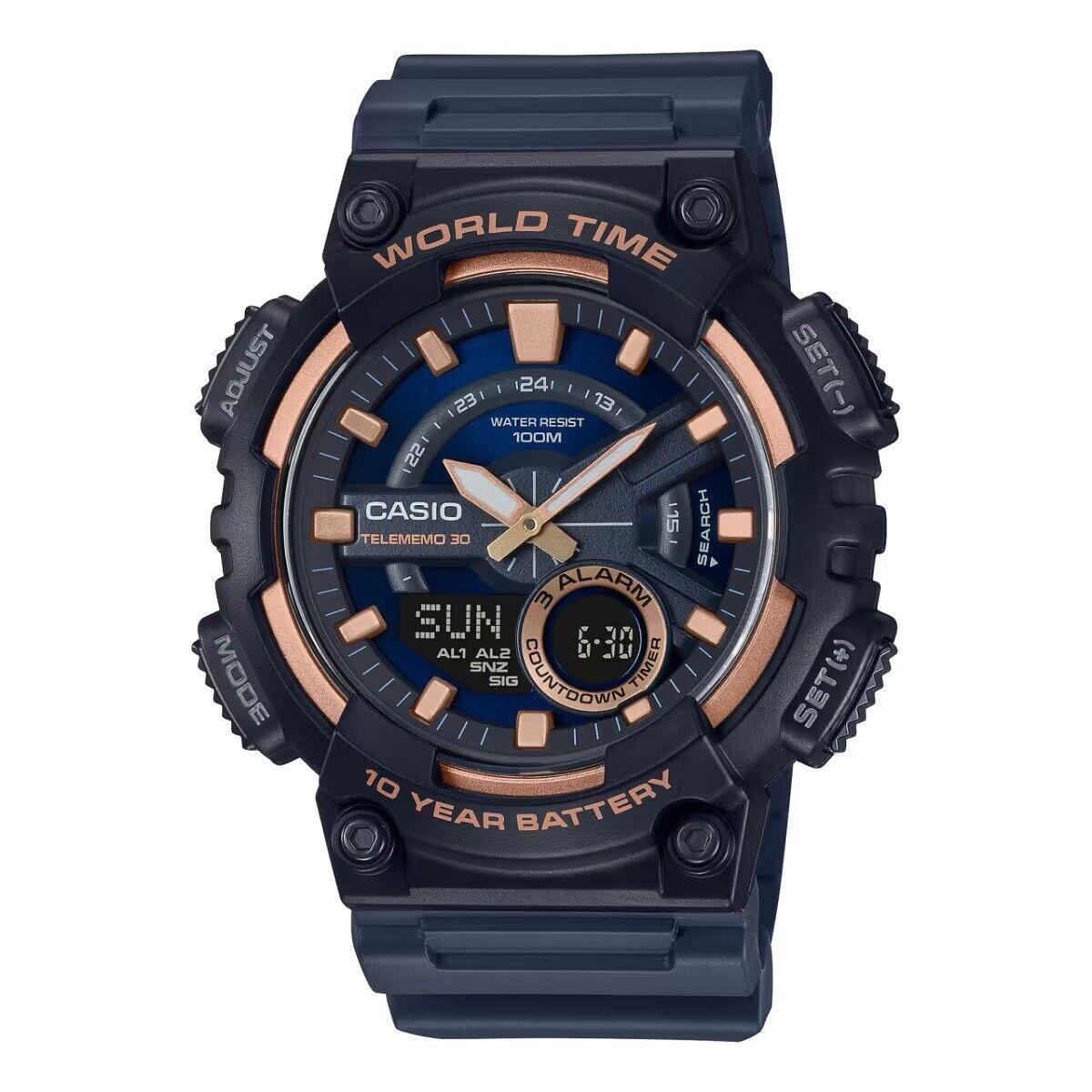 Casio AEQ110W-2A3 Men`s World Time Telememo Analog Digital Alarm Watch Navy Blue