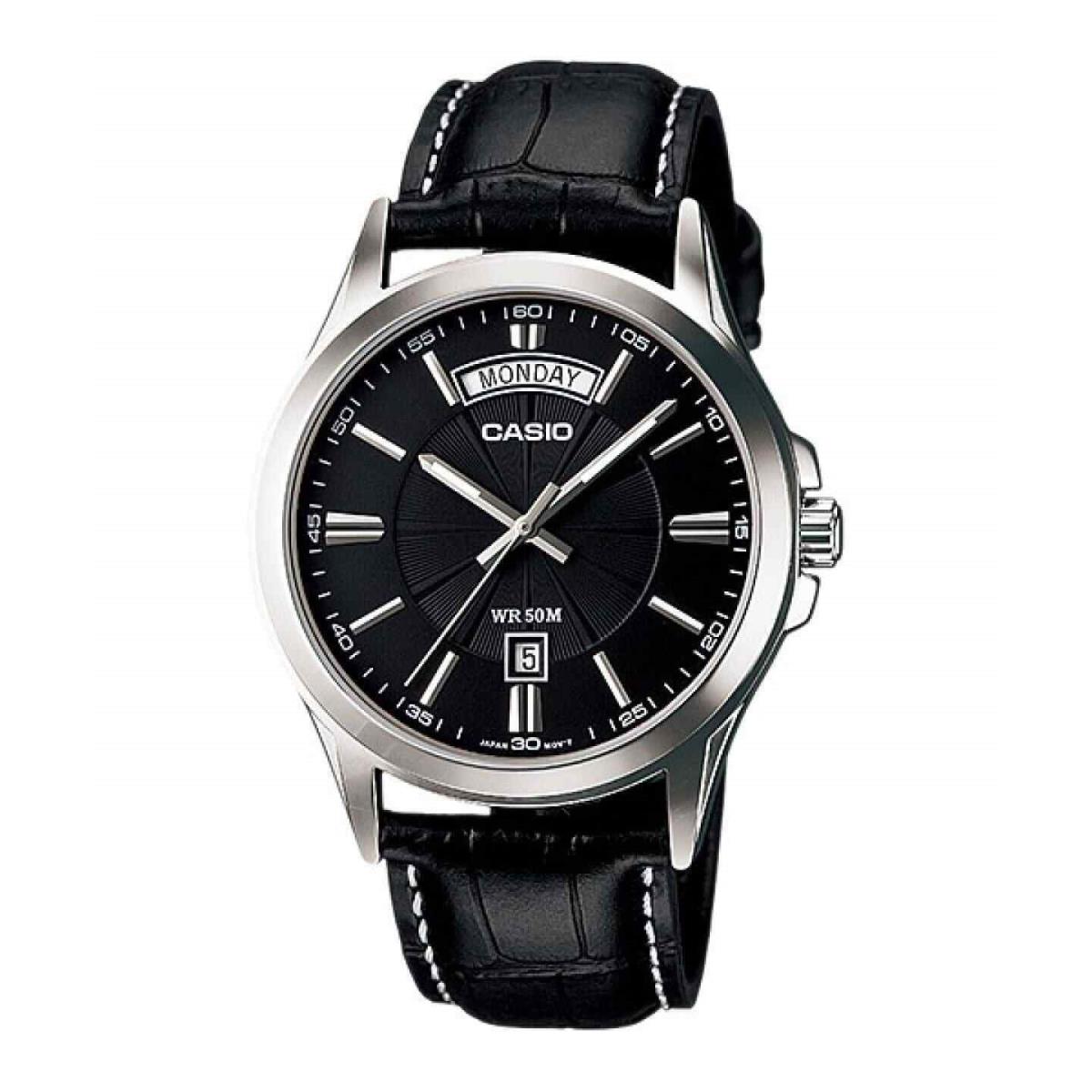 Casio Black Dial Black Leather Day Date Display Men`s Watch MTP-1381L-1A