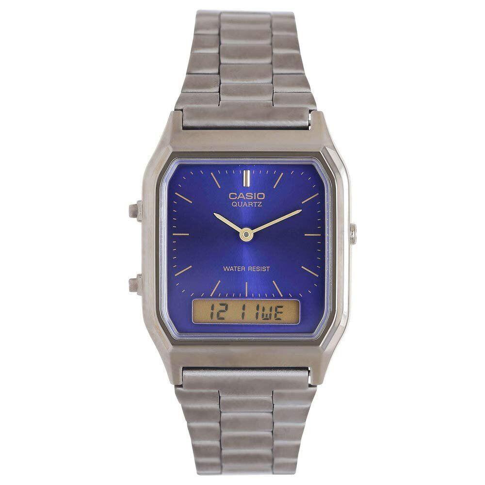 Casio AQ-230GG-2A Men`s Watch Stainless Steel Band Blue Dial Vintage - Dial: Blue, Band: Gray, Bezel: Silver