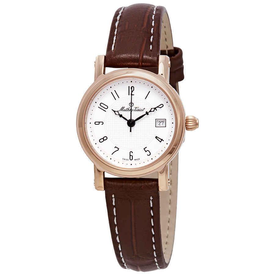 Mathey-tissot City White Dial Brown Leather Ladies Watch D31186PG - Dial: White, Band: Brown, Bezel: Rose Gold PVD