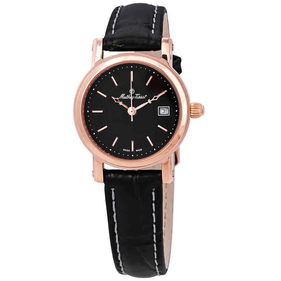 Mathey-tissot City Black Dial Ladies Watch D31186PN - Dial: Black, Band: Black, Bezel: Rose Gold PVD