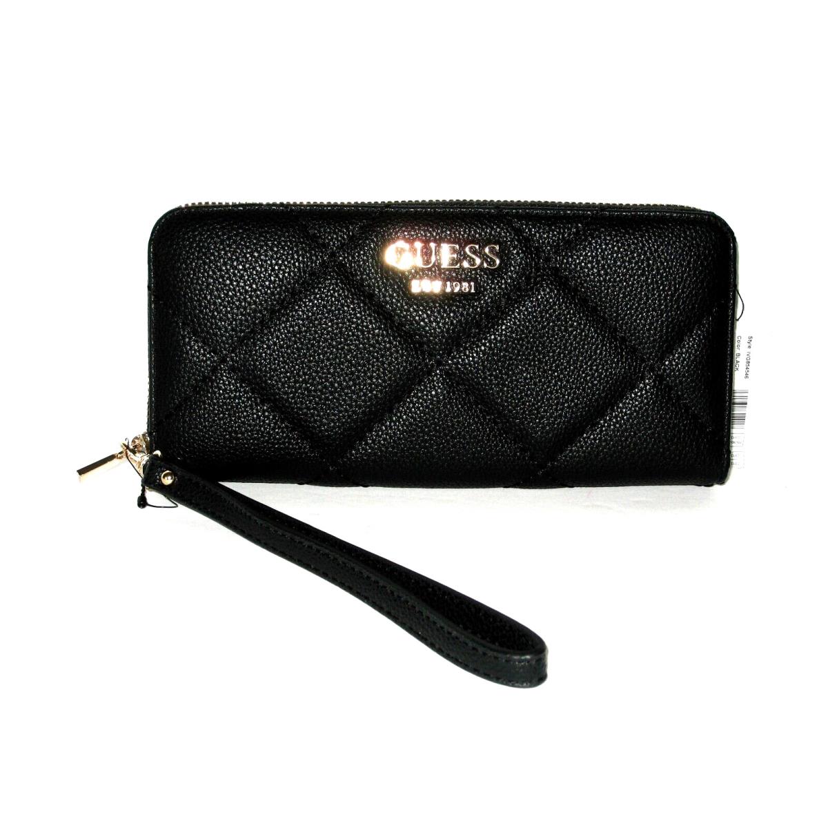 Guess Fantine Black Logo Quilted Leather Zip Around Wristlet Wallet