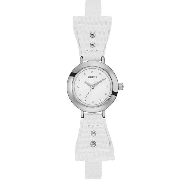 Guess Bow Design White Leather Strap Silver Tone Women`s Watch W0736L1