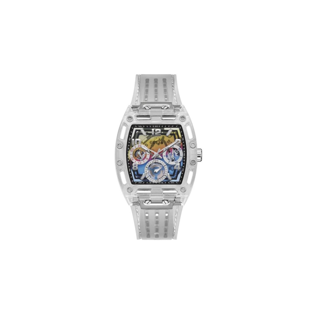 Guess Mens 44 mm Watch Rainbow Dial Clear Case GW0499G3