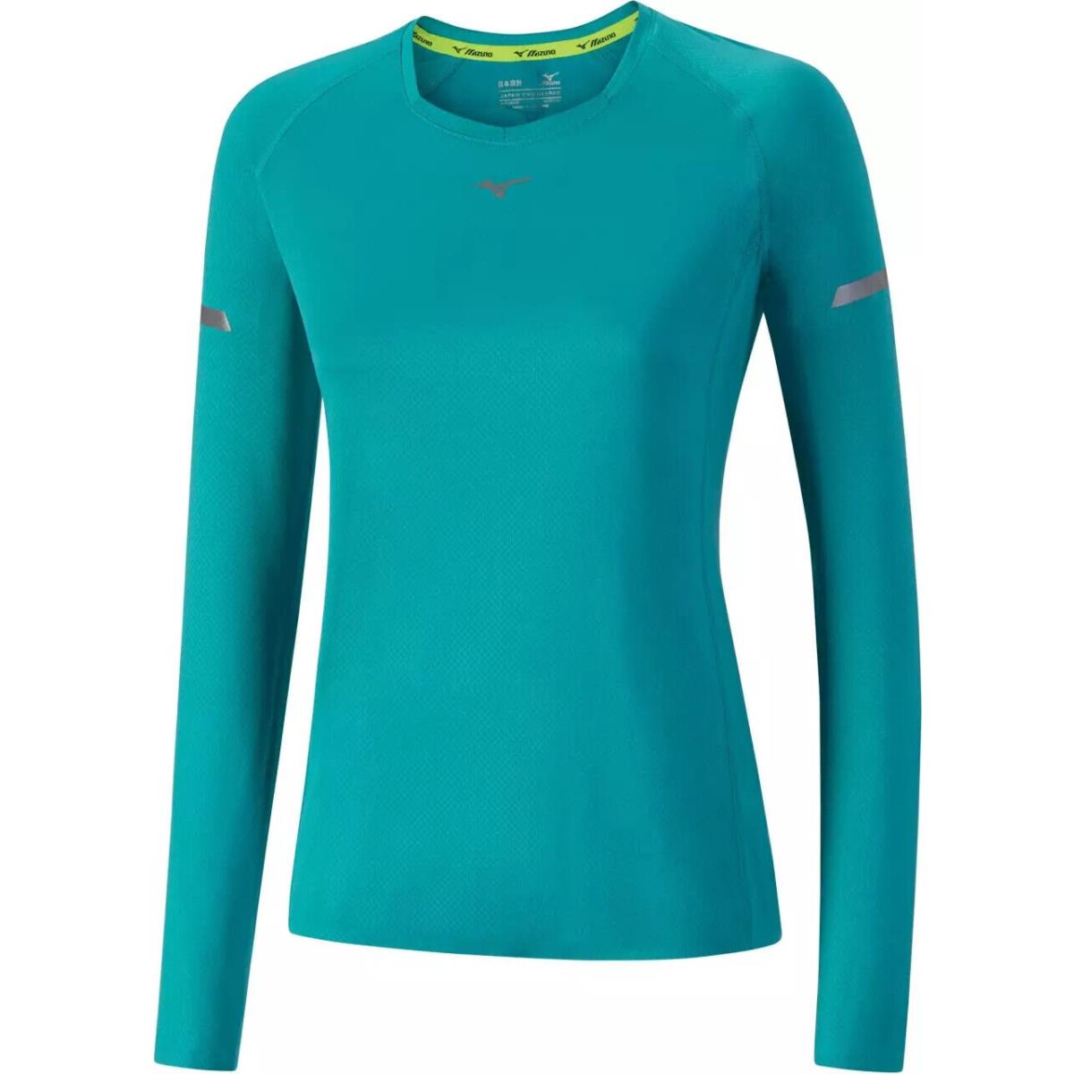 Mizuno J2GA77013-2 Running T-shirt Women`s Blue Aero Long Sleeve V-neck Pullover