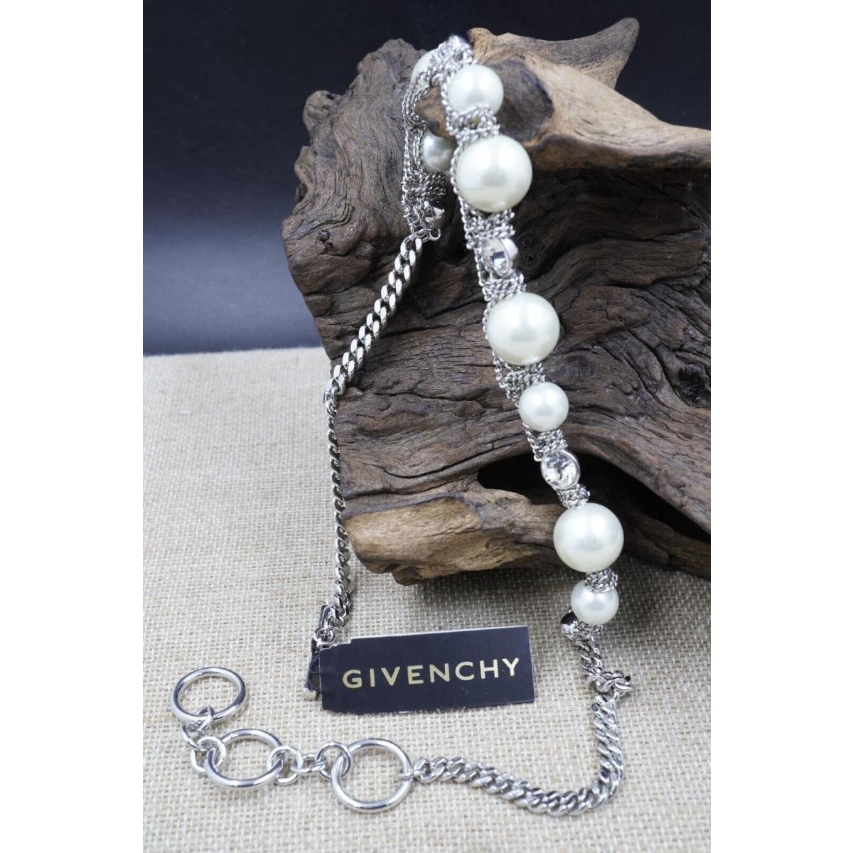 Givenchy Pearl Silver Chain Clear Crystal Beautiful Necklace 18 L