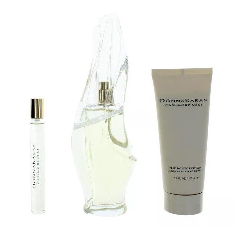 Cashmere Mist Donna Karan 3 Piece Gift Set For Women Purse Spray Perfume Lotion