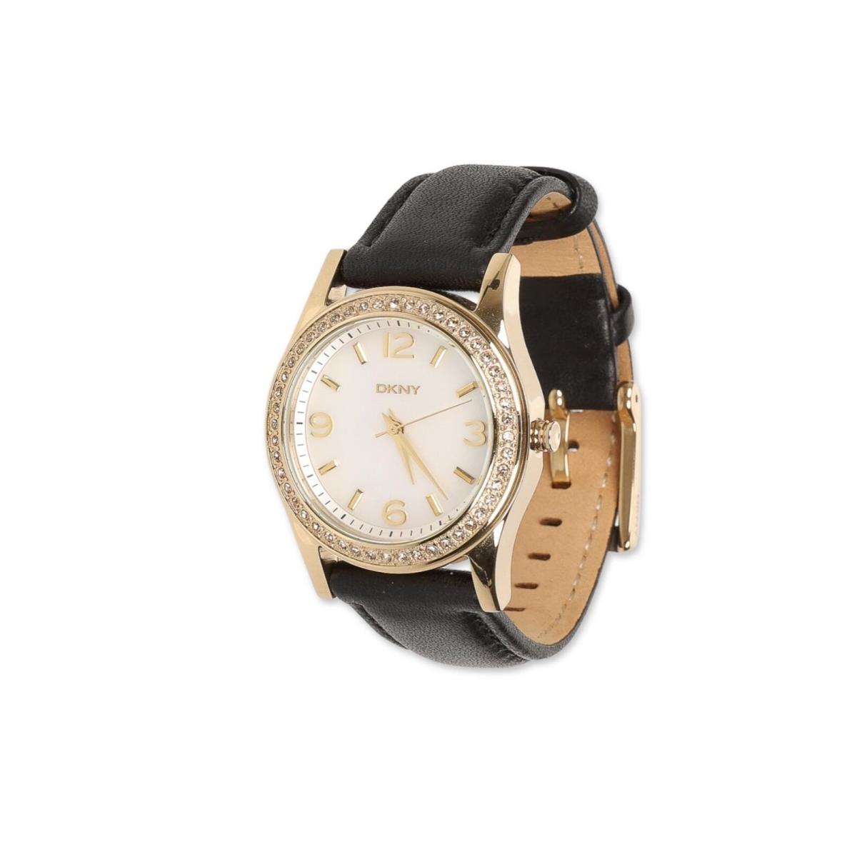 Dkny 302423 Women`s Glitz Mother-of-pearl Dial Gold-tone Black Leather NY8368