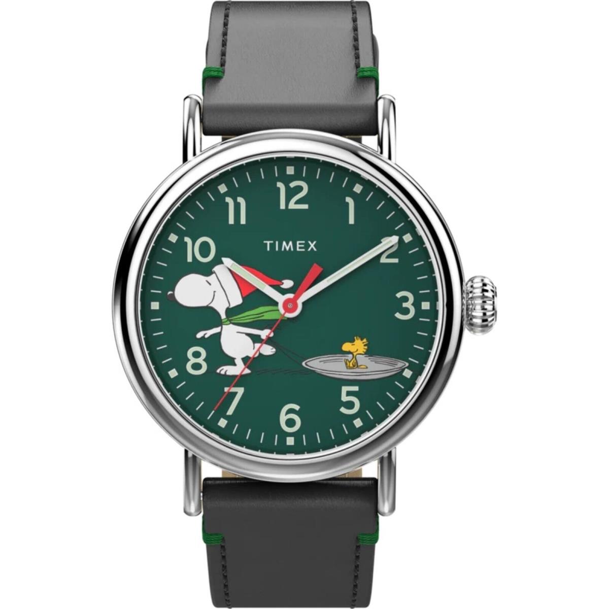 Timex Men`s Watch Standard Peanuts Snoopy Ice Skating Green Dial TW2V60200VQ - Dial: Green, Band: Black