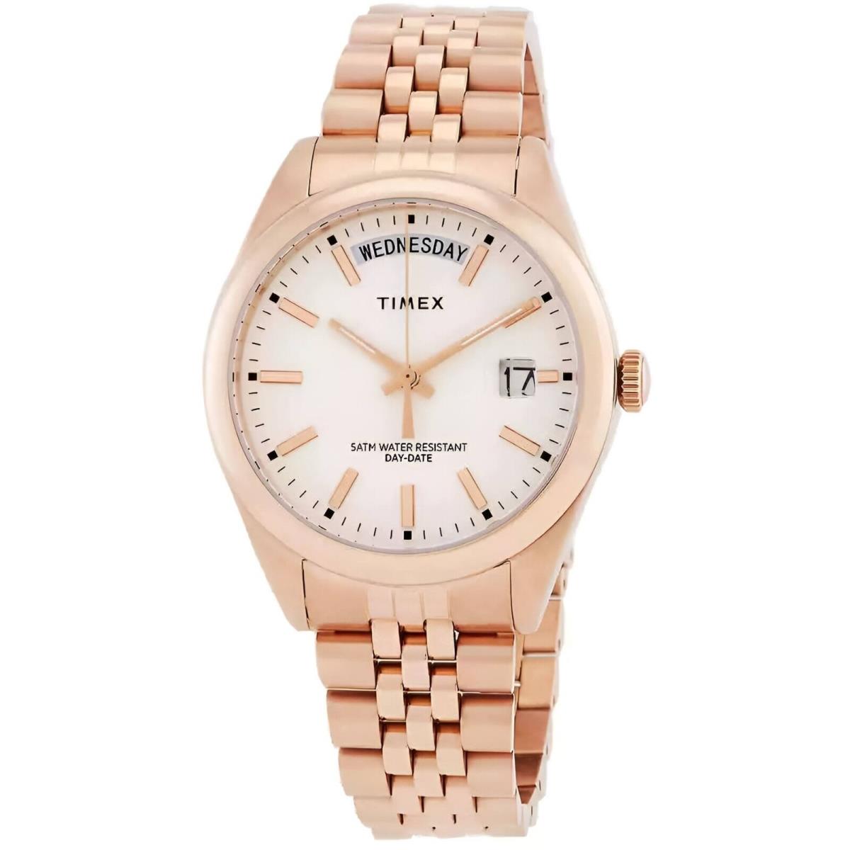 Timex Women`s Watch Legacy White Dial Rose Gold Bracelet Day-date TW2W32200VQ - Dial: White, Band: Rose