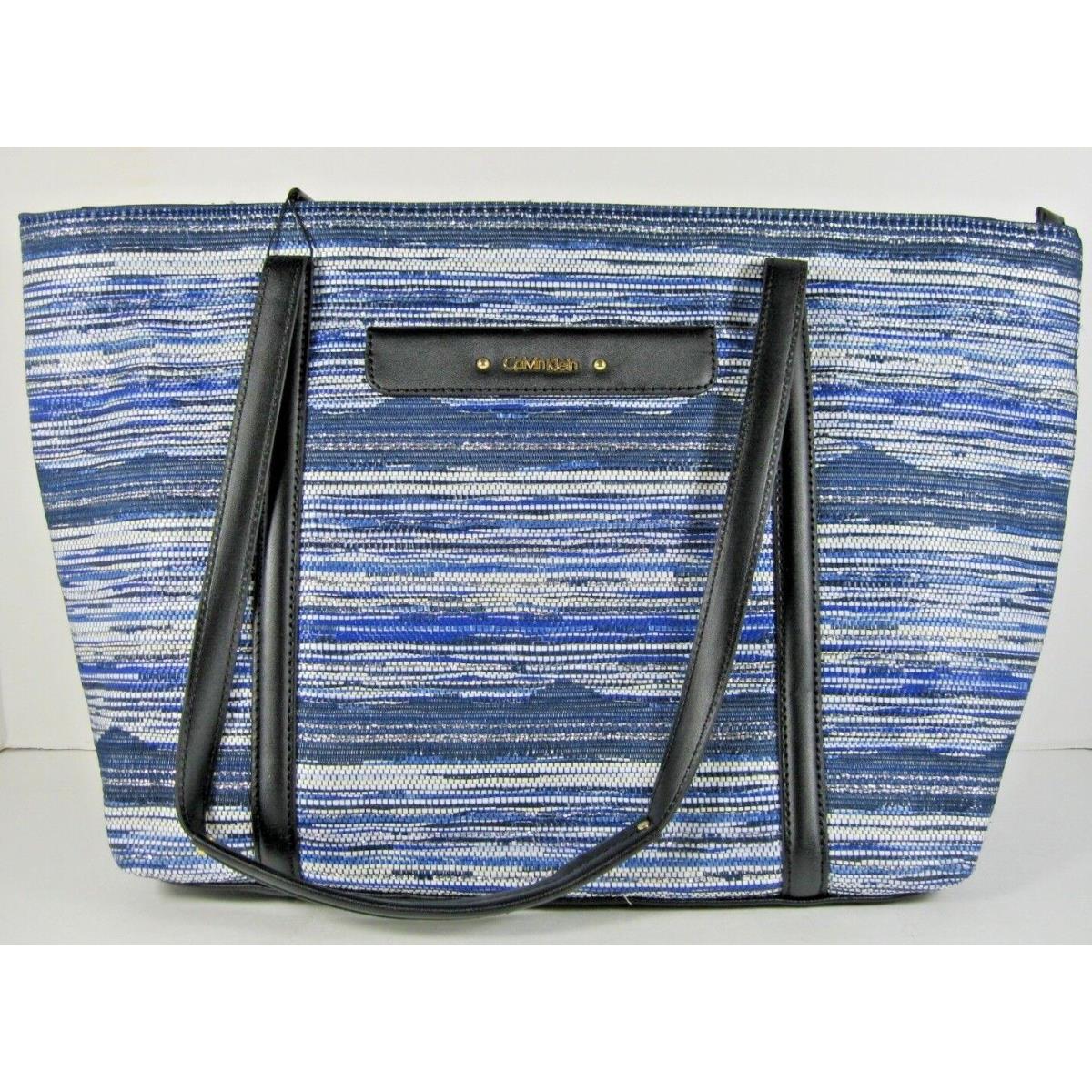 Calvin Klein Tracy Tote Large Black Blue Canvas Stripe Shoulder Bag Zip