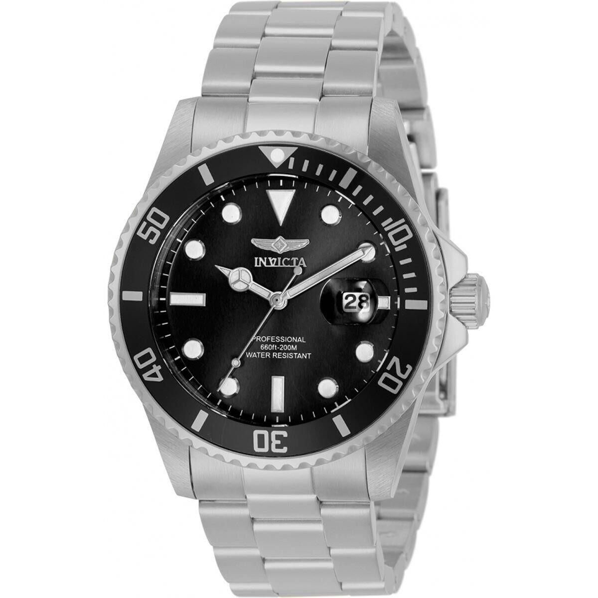 Invicta Men`s Watch Pro Diver Quartz Black Dial Silver Steel Bracelet 33266