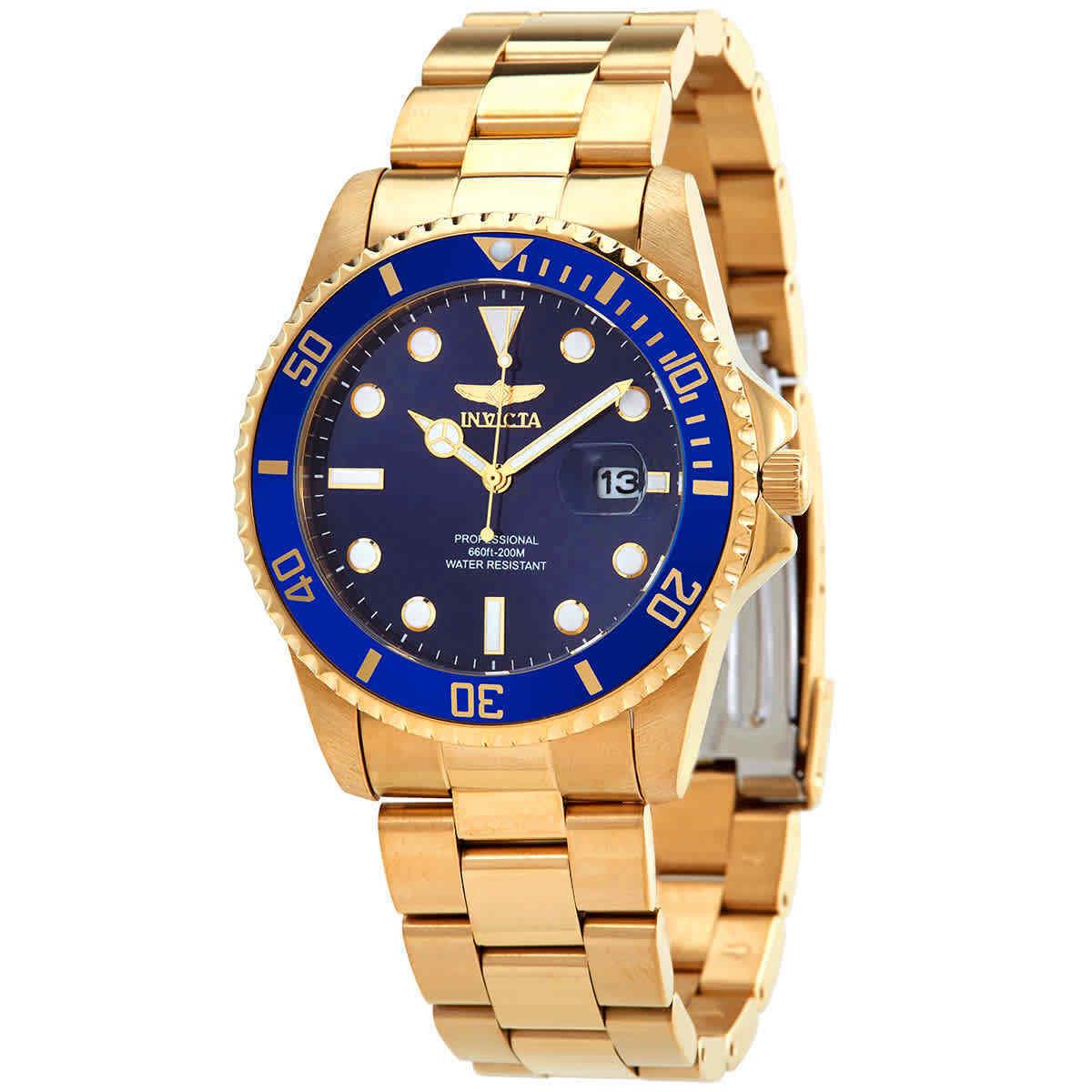 Invicta Men`s Watch Pro Diver Quartz Blue Dial Yellow Gold Steel Bracelet 33270